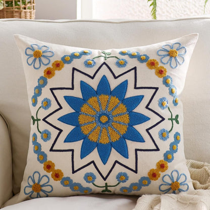 Embroidered Throw Pillow Cover 18x18 Classic Boho Floral Pattern Pillows Cover Outdoor Decorative
