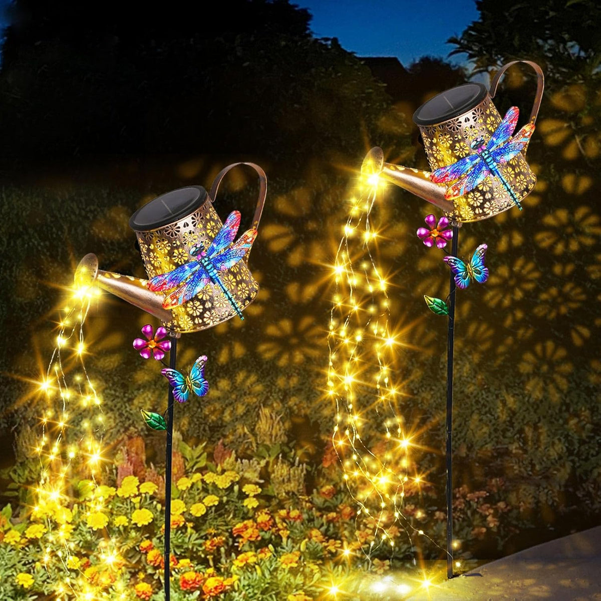 Solar Lights Outdoor Decorative, 39.4'' Metal Solar Watering Can Lights with Dragonfly, Waterproof