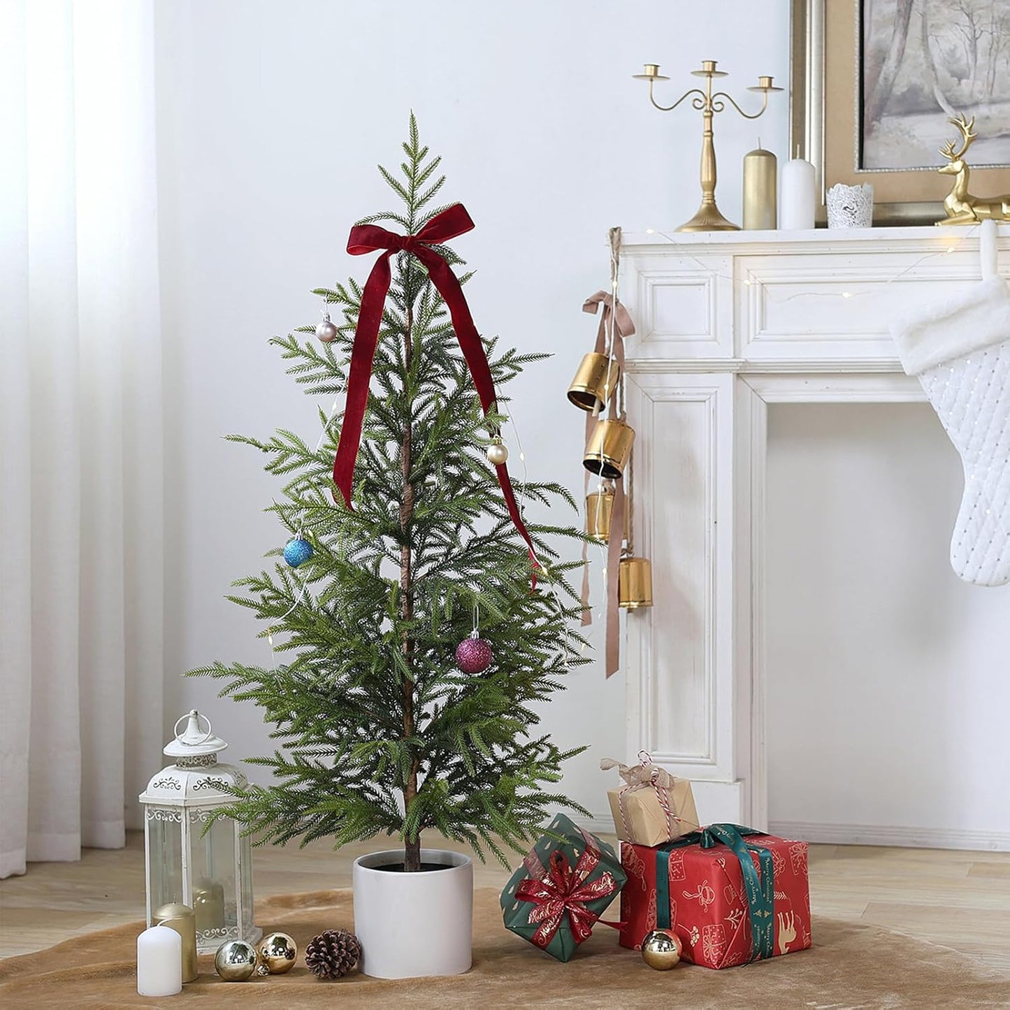 4ft Christmas Norfolk Pine Tree Artificial Christmas Tree Faux Potted Plants for Front Porch