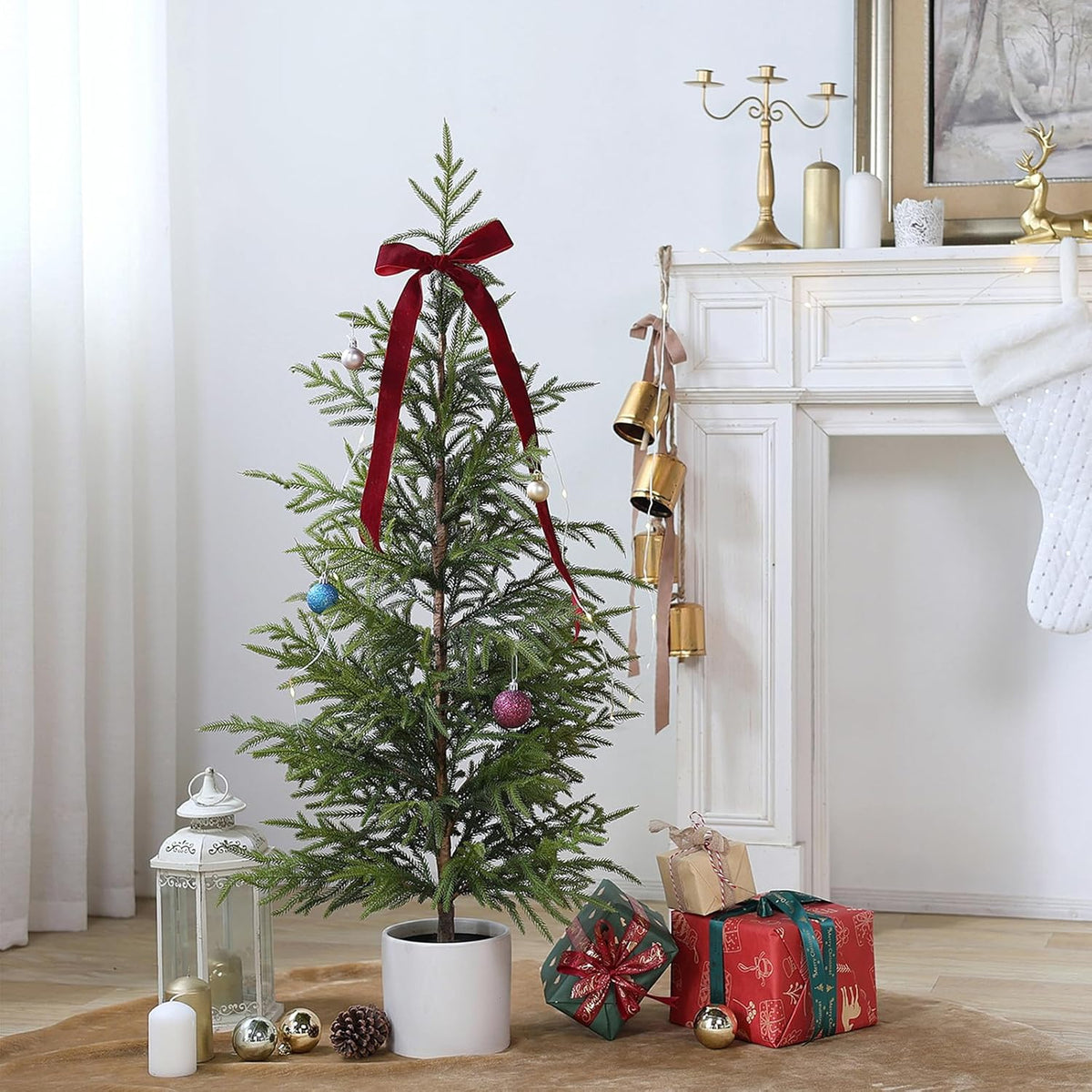4ft Christmas Norfolk Pine Tree Artificial Christmas Tree Faux Potted Plants for Front Porch
