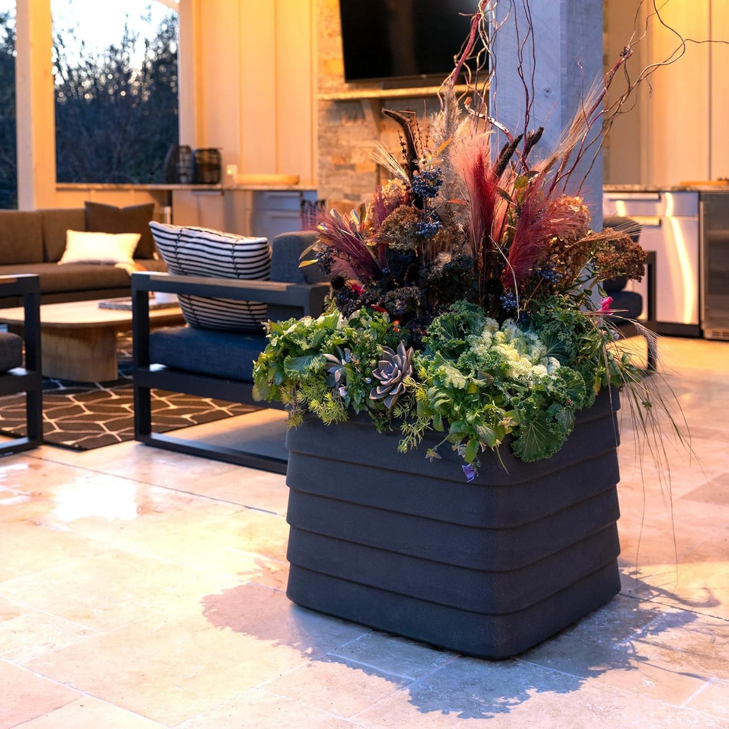 Crescent Garden TruDrop Self Watering Slat Square Box Planter - Indoor Outdoor Planter Box with