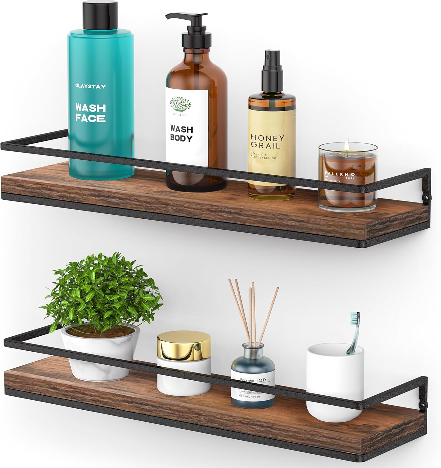 Meangood Floating Shelves Wall Mounted Set of 2, Rustic Wood Wall Storage Shelves for