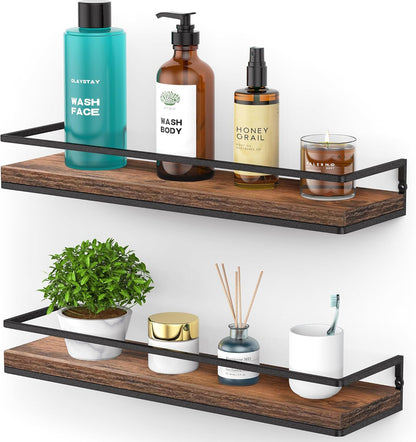 Meangood Floating Shelves Wall Mounted Set of 2, Rustic Wood Wall Storage Shelves for