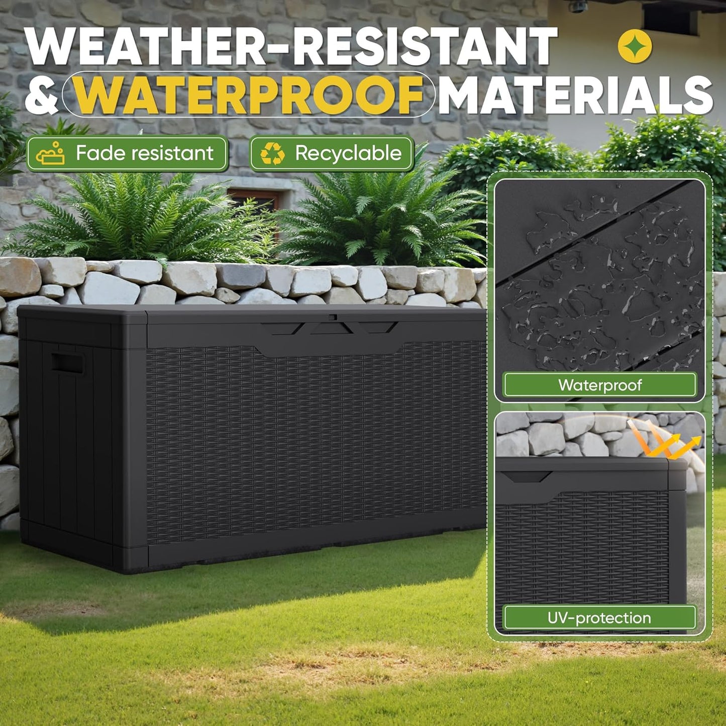 Greesum 100 Gallon Resin Deck Box Lockable Large Outdoor Storage Boxes for Garden Tools, Patio