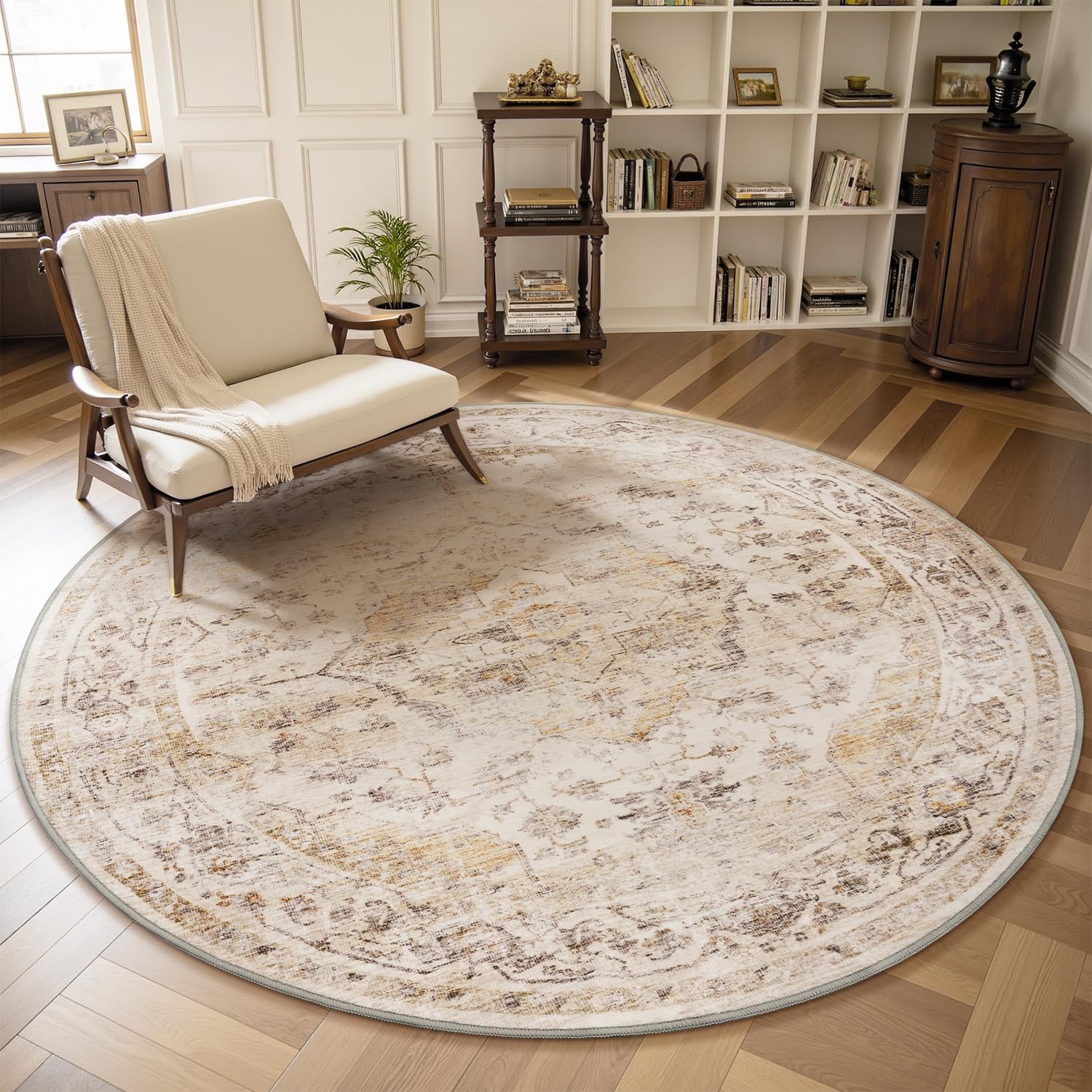 AMOAMI-6FT Round Rug-Rugs for Living Room-Vintage Soft Beige Rugs for Bedroom-Non Slip Circle