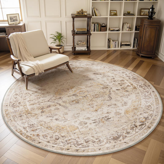 AMOAMI-6FT Round Rug-Rugs for Living Room-Vintage Soft Beige Rugs for Bedroom-Non Slip Circle