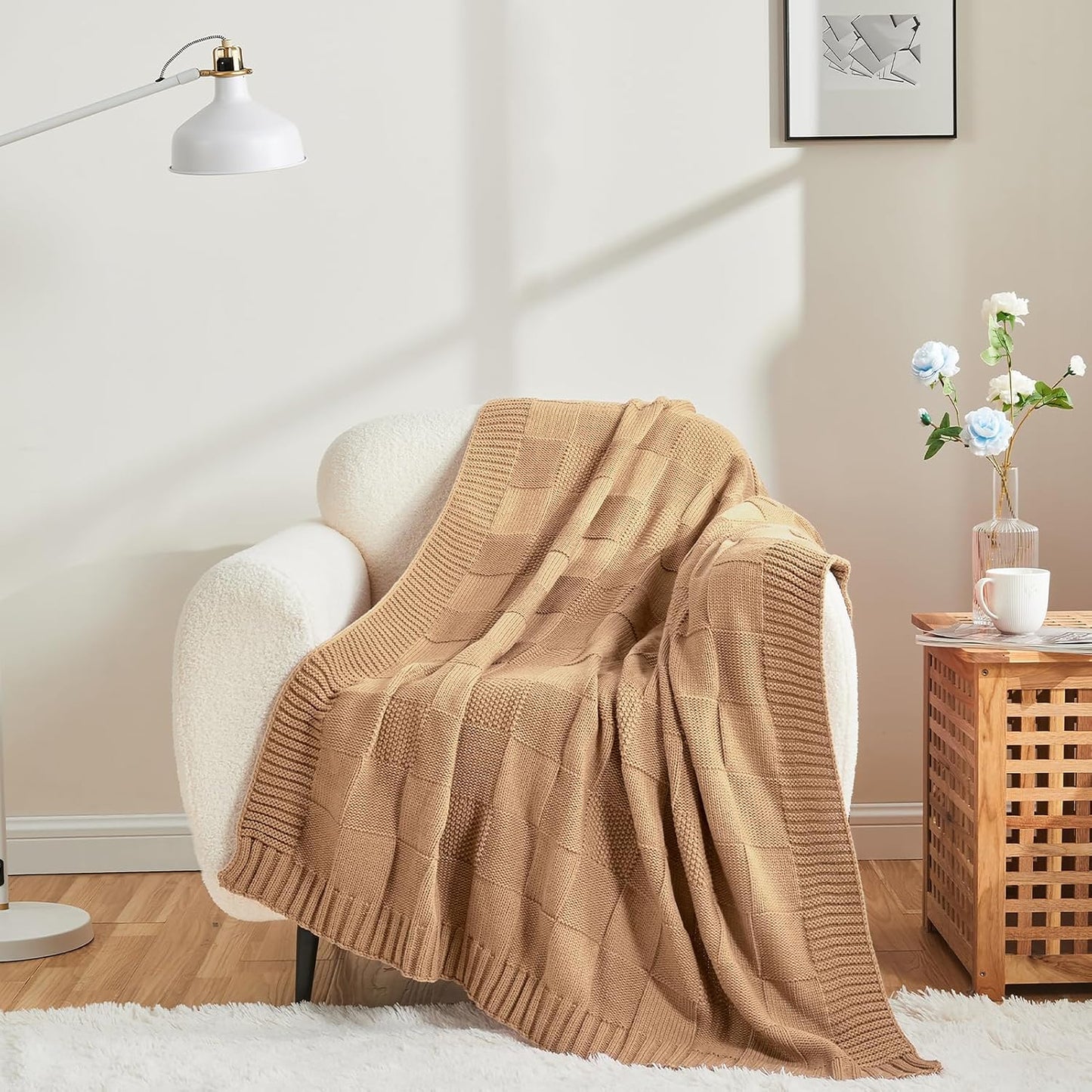 CozeCube Check Knit Throw Blanket, Beige Checkered Throw for Couch, Decorative Christmas Soft Cozy