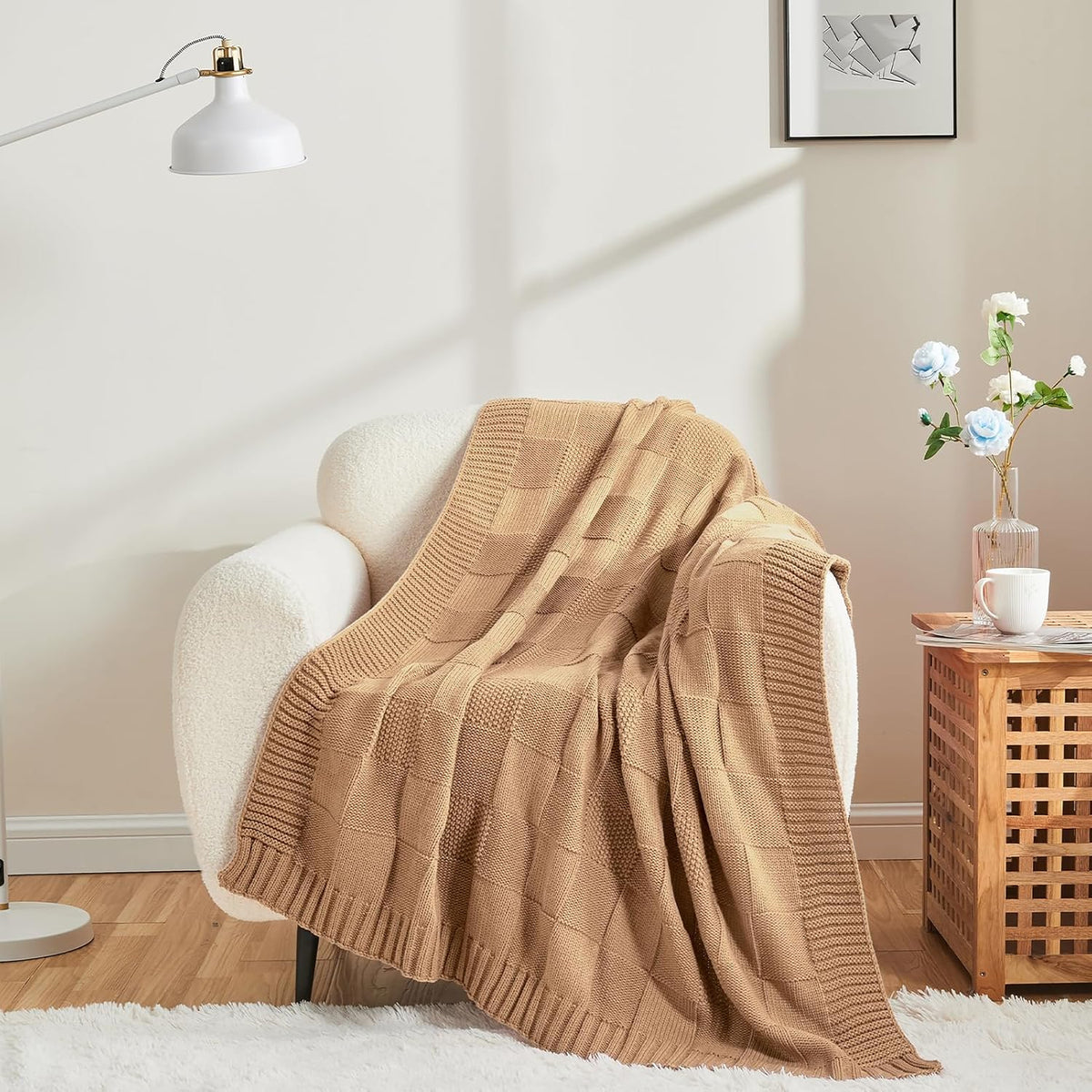 CozeCube Check Knit Throw Blanket, Beige Checkered Throw for Couch, Decorative Christmas Soft Cozy