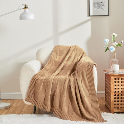 CozeCube Check Knit Throw Blanket, Beige Checkered Throw for Couch, Decorative Christmas Soft Cozy