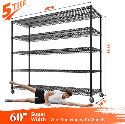 REIBII Storage Shelves 3200 LBS Capacity Wire Shelving with Wheels Heavy Duty Metal Shelf for