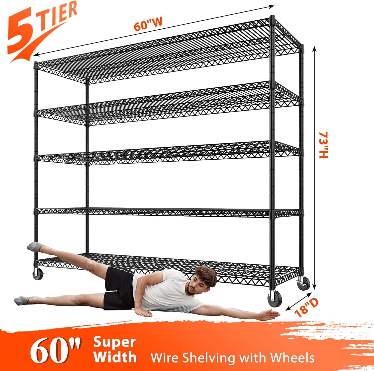 REIBII 73" H Storage Shelves Wire Shelving with Wheels 3200 lbs Heavy Duty Steel Metal Shelving