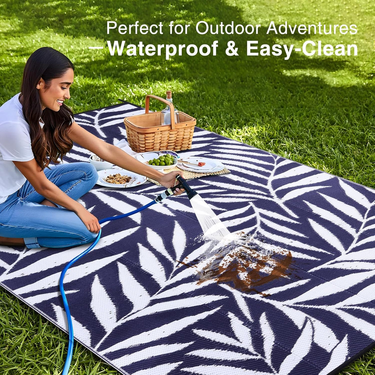 OLANLY Waterproof Outdoor Rug 9x12 ft, Reversible Outdoor Plastic Straw Rug with Leaf Pattern, RV