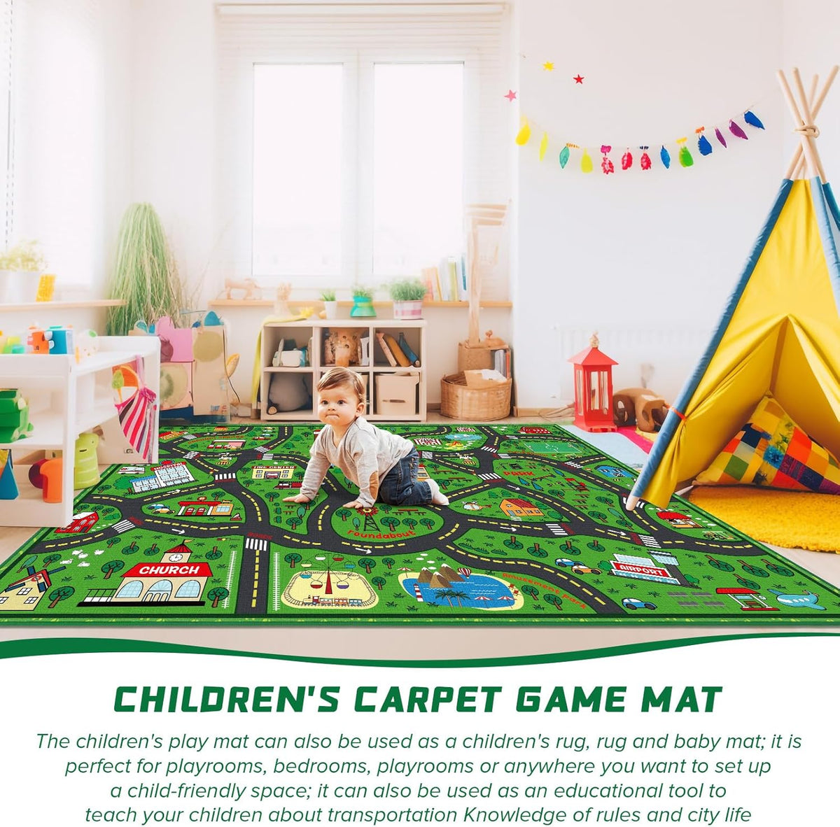 Kids Carpet Playmat Rug 5 x 7 ft Player Car Rug, City Life Traffic Road Map Mat Educational Game