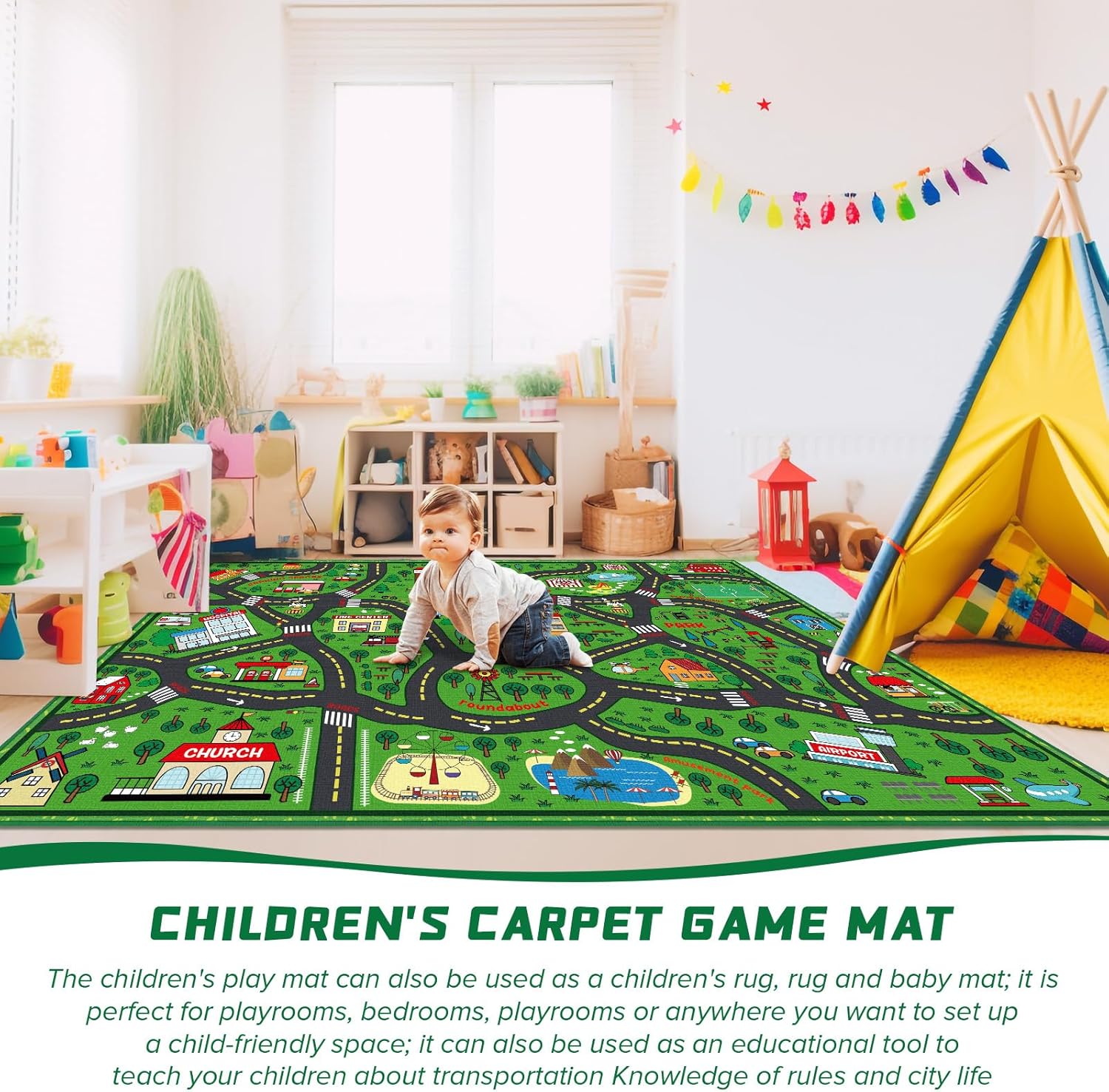 Kids Carpet Playmat Rug 5 x 7 ft Player Car Rug, City Life Traffic Road Map Mat Educational Game