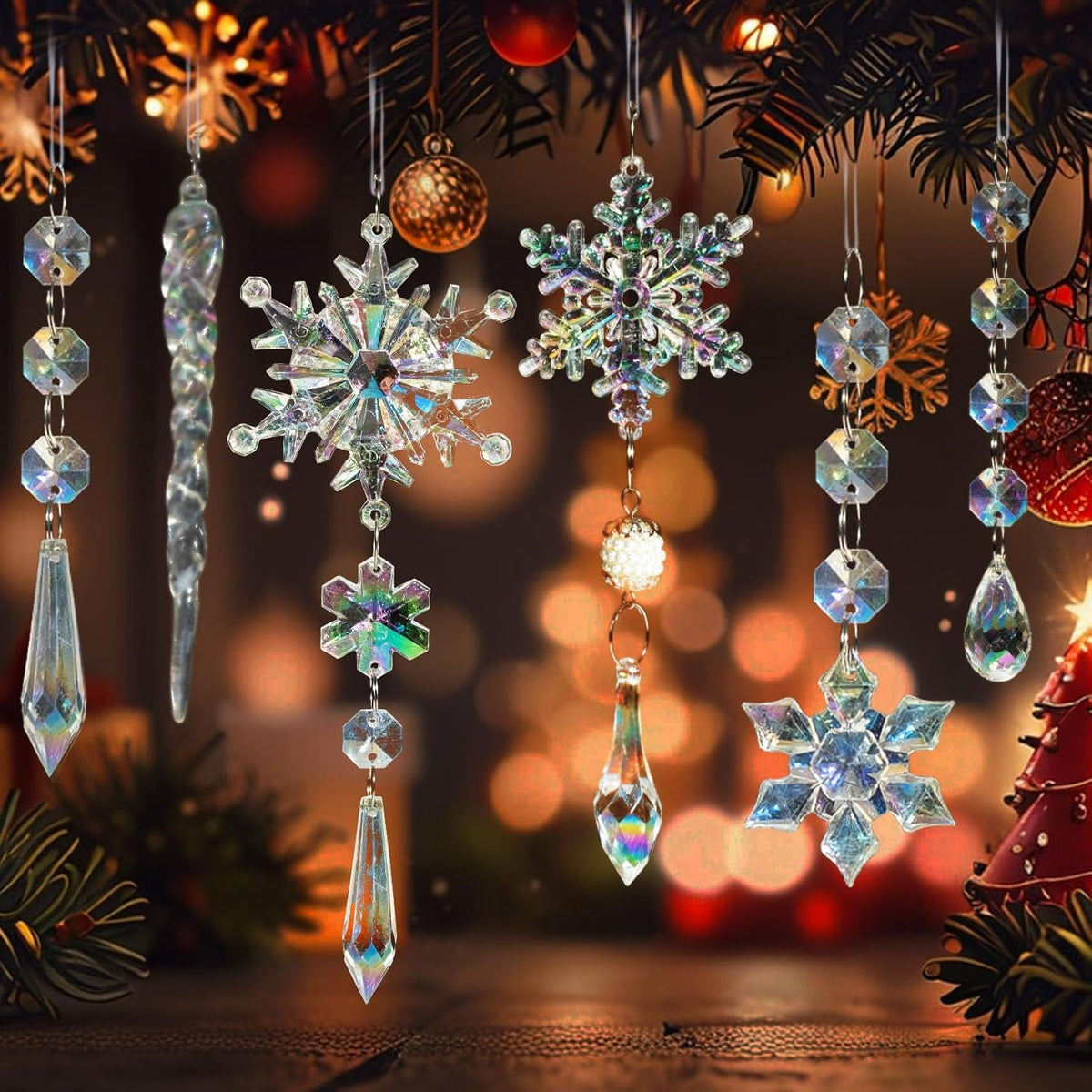 48pcs Christmas Crystal Ornaments for Tree - Iridescent Christmas Tree Ornaments Acrylic Snowflakes