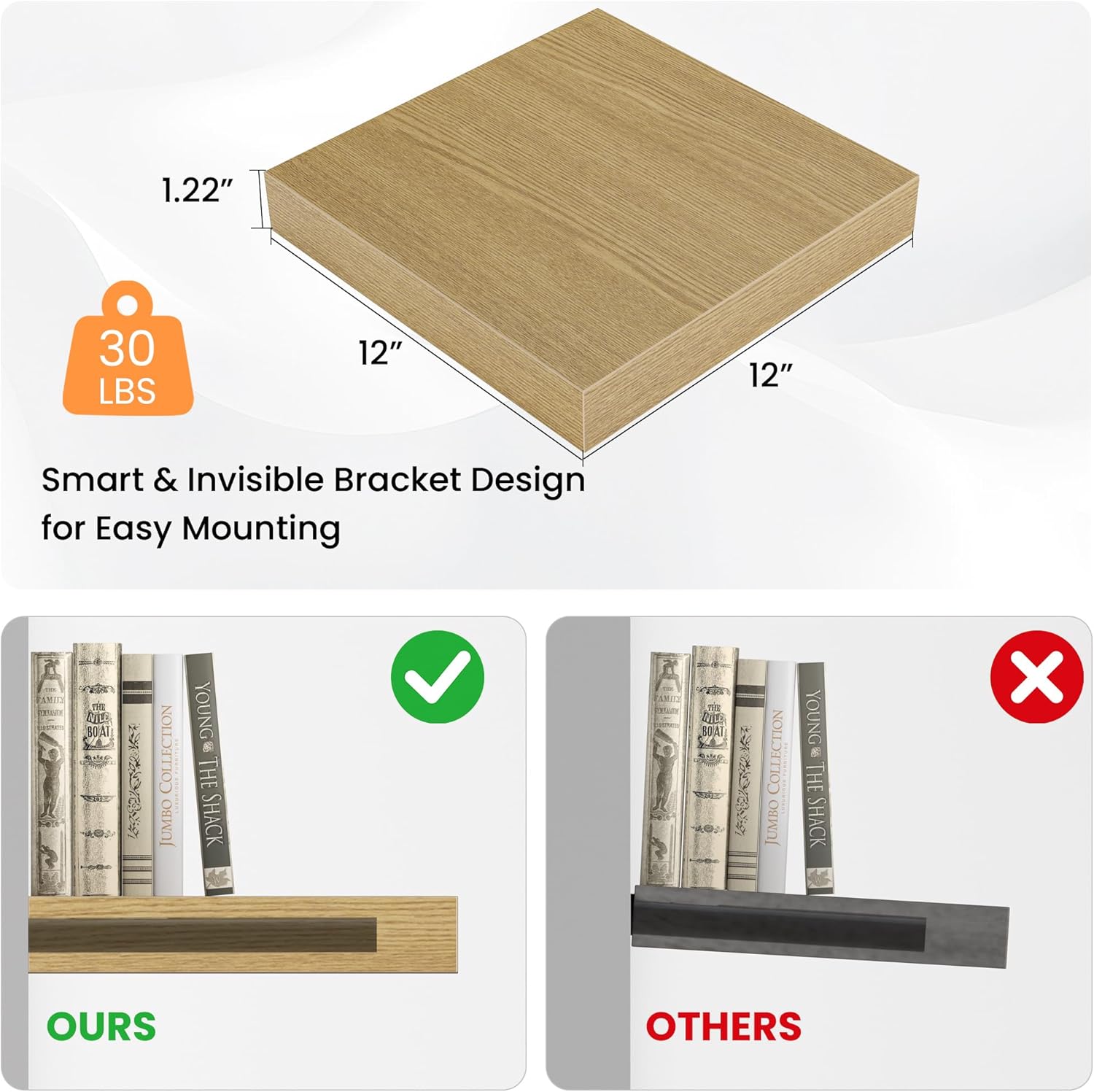 Square Floating Shelves for Wall, 12" W x 12" D x 1.2" H, Small Wooden Wall Mounted Display Shelves
