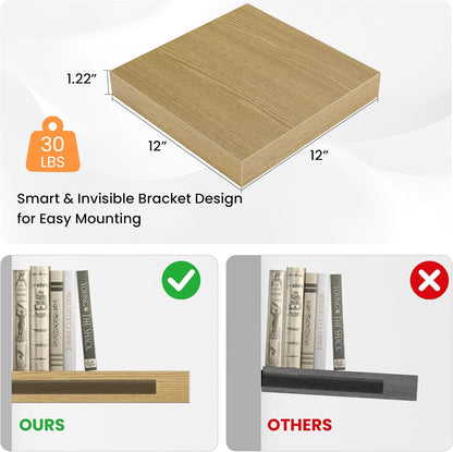 Square Floating Shelves for Wall, 12" W x 12" D x 1.2" H, Small Wooden Wall Mounted Display Shelves