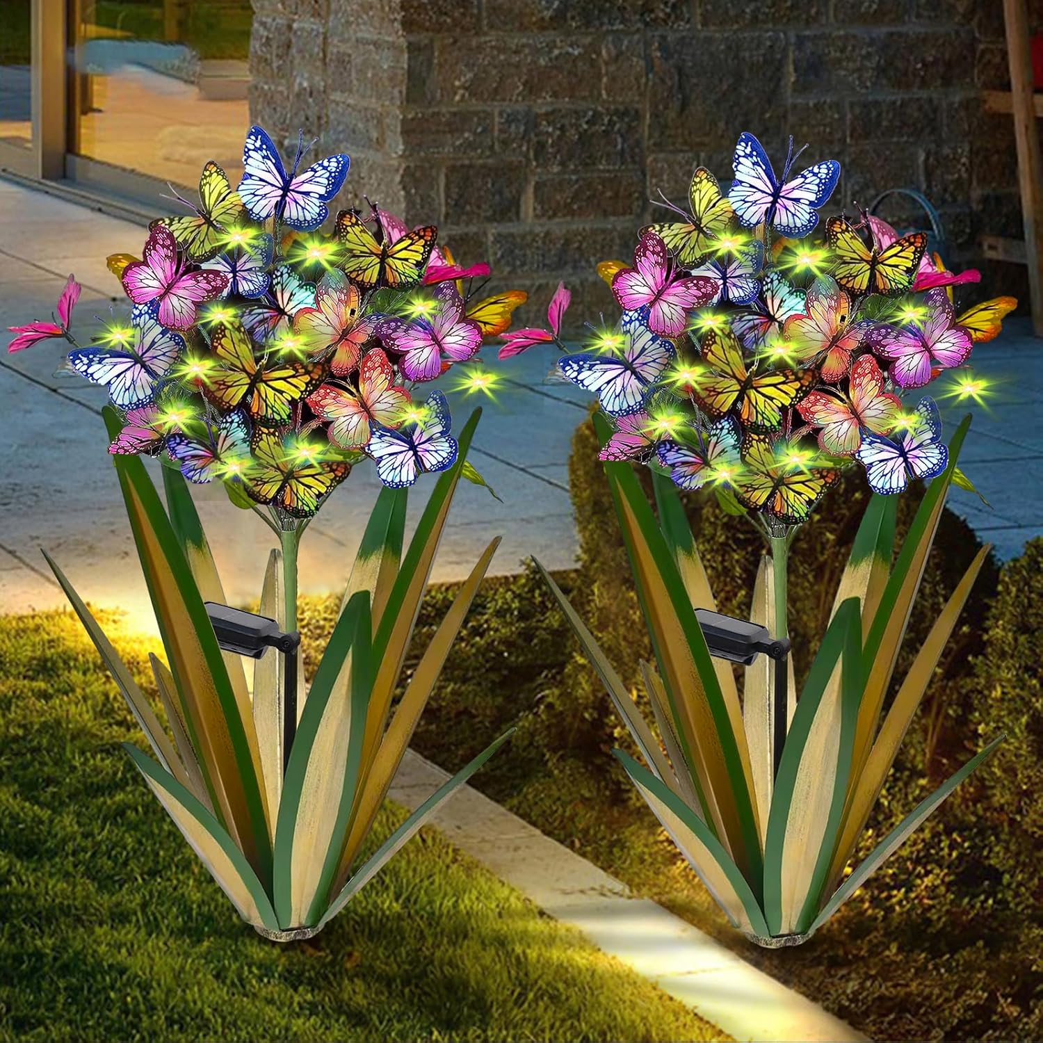 Solar Metal Agave Butterfly Flower Stick Garden Sculpture - Outdoor Christmas Lights With Swaying