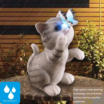 Cat Garden Statue Outdoor Solar Decorations Butterfly Light Figurine Color Changing LED Lights