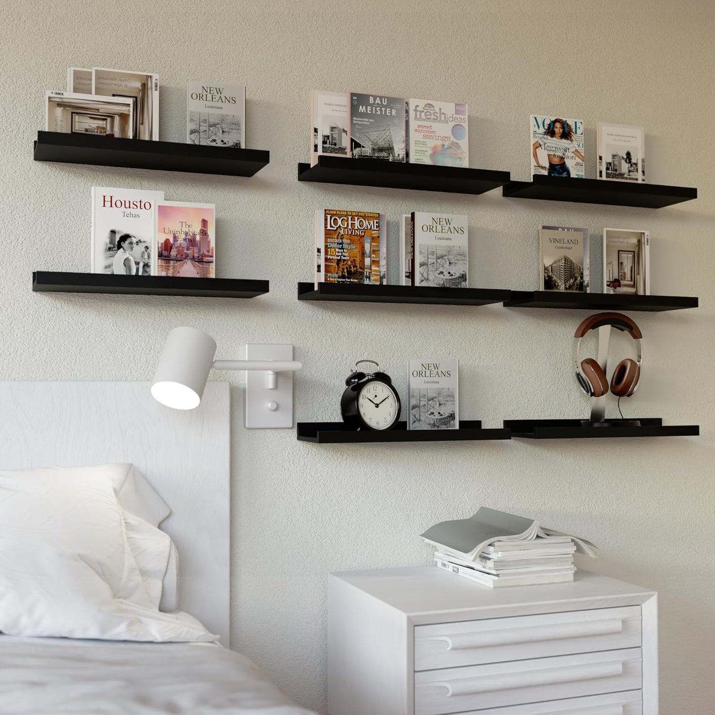 RICHER HOUSE Floating Wall Mounted Shelves, 8pc Set with Lip - Black Nursery Book Shelves for