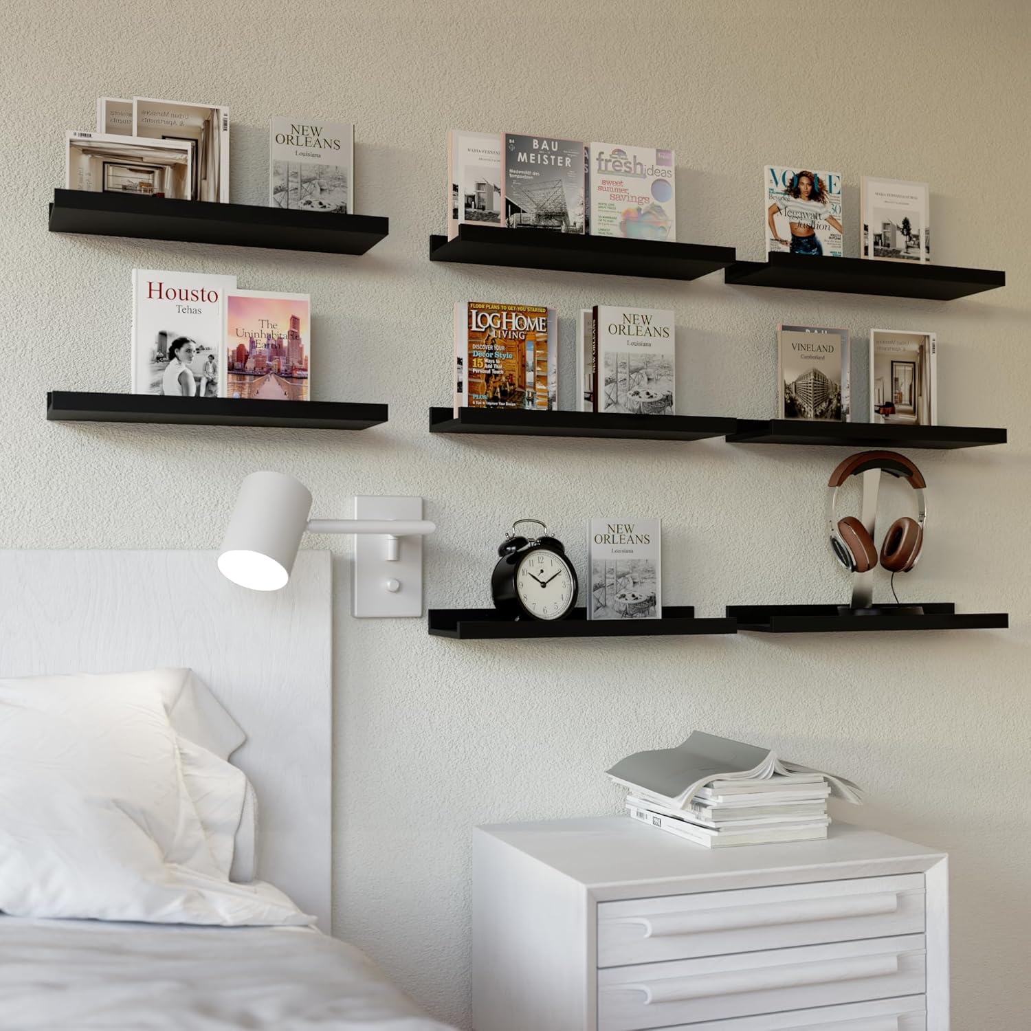 RICHER HOUSE Floating Wall Mounted Shelves, 8pc Set with Lip - Black Nursery Book Shelves for