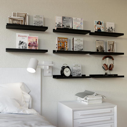 RICHER HOUSE Floating Wall Mounted Shelves, 8pc Set with Lip - Black Nursery Book Shelves for