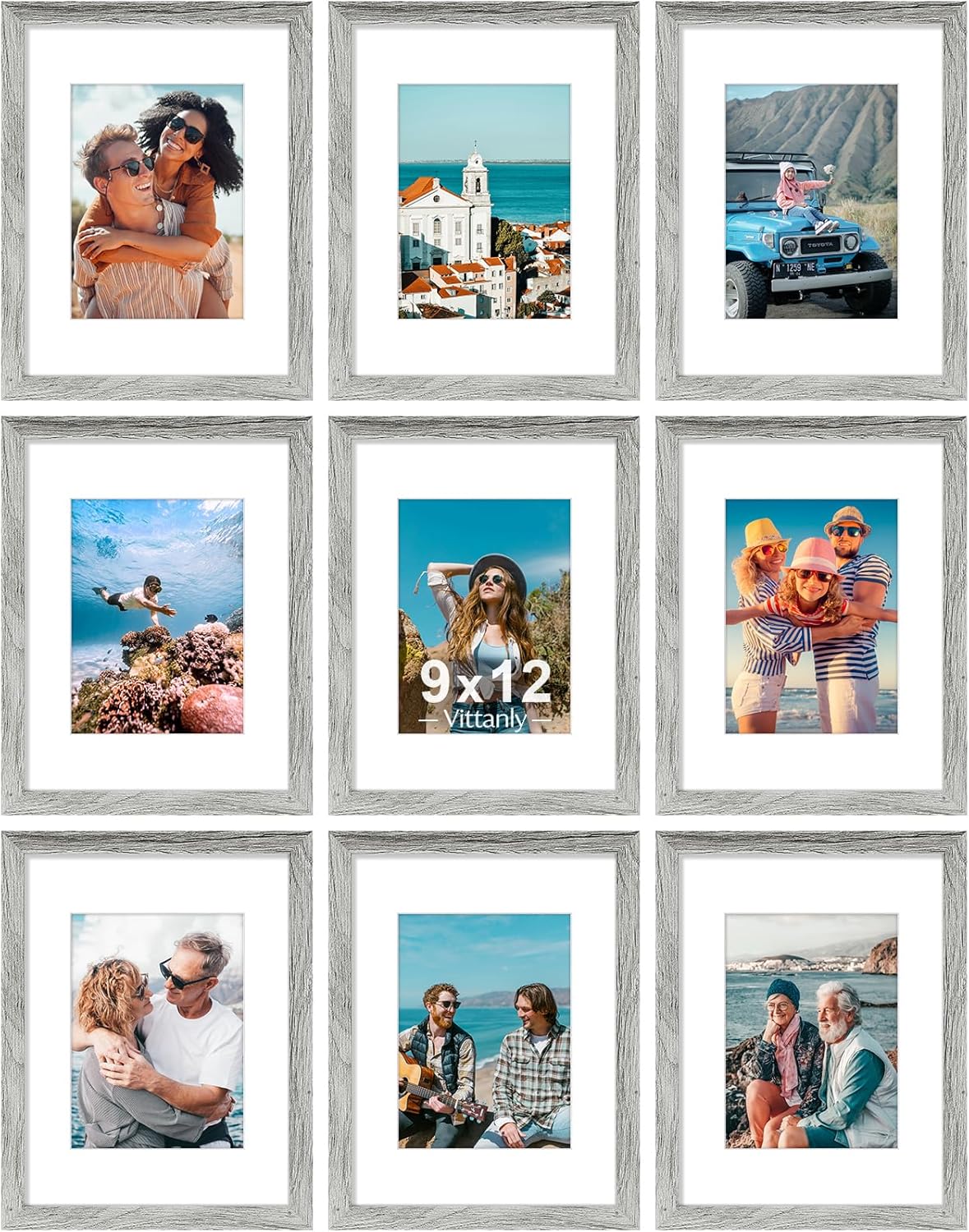 Vittanly 9x12 Picture Frames Set of 9, Shatter Resistant Plexiglass, Display 6x8 Pictures with Mat