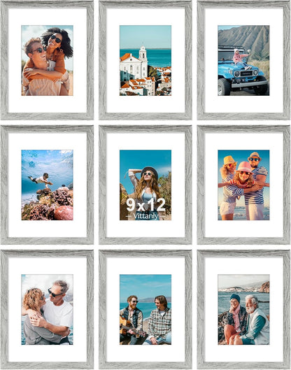 Vittanly 9x12 Picture Frames Set of 9, Shatter Resistant Plexiglass, Display 6x8 Pictures with Mat