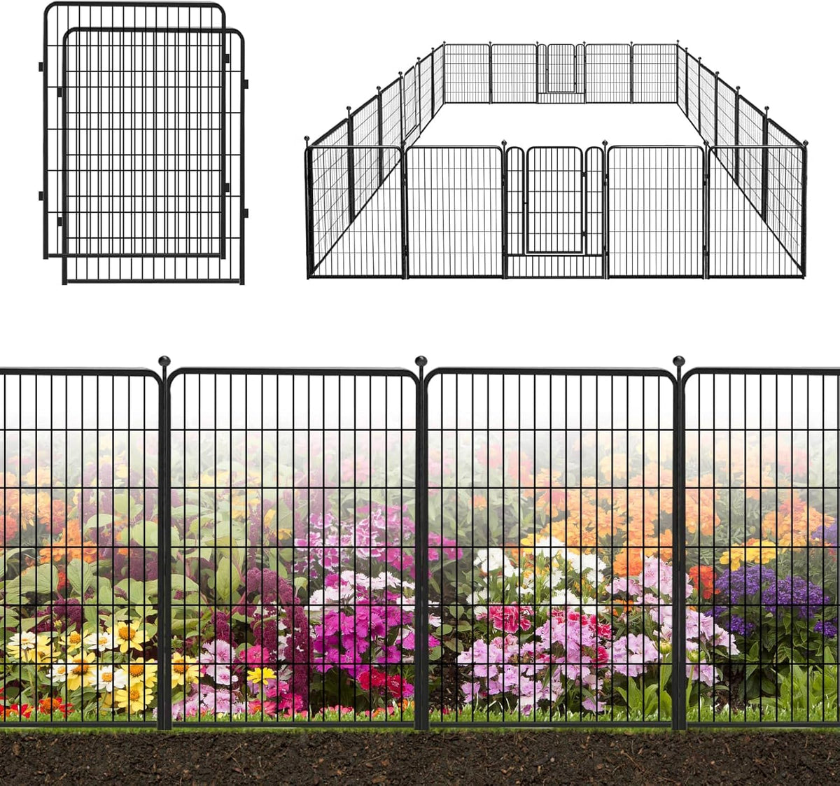 Decorative Black Metal Fencing Garden Fence with Gate, 50ft(L) 40in(H) 22 Fence Panels No Dig Fence