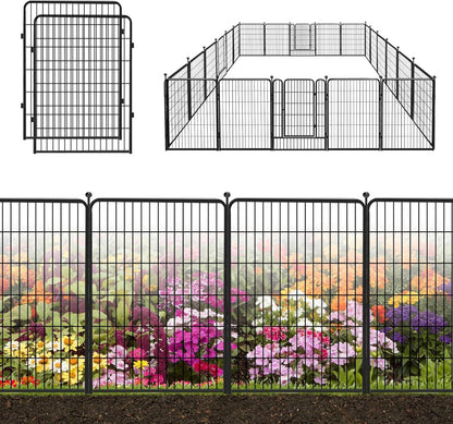 Decorative Black Metal Fencing Garden Fence with Gate, 50ft(L) 40in(H) 22 Fence Panels No Dig Fence