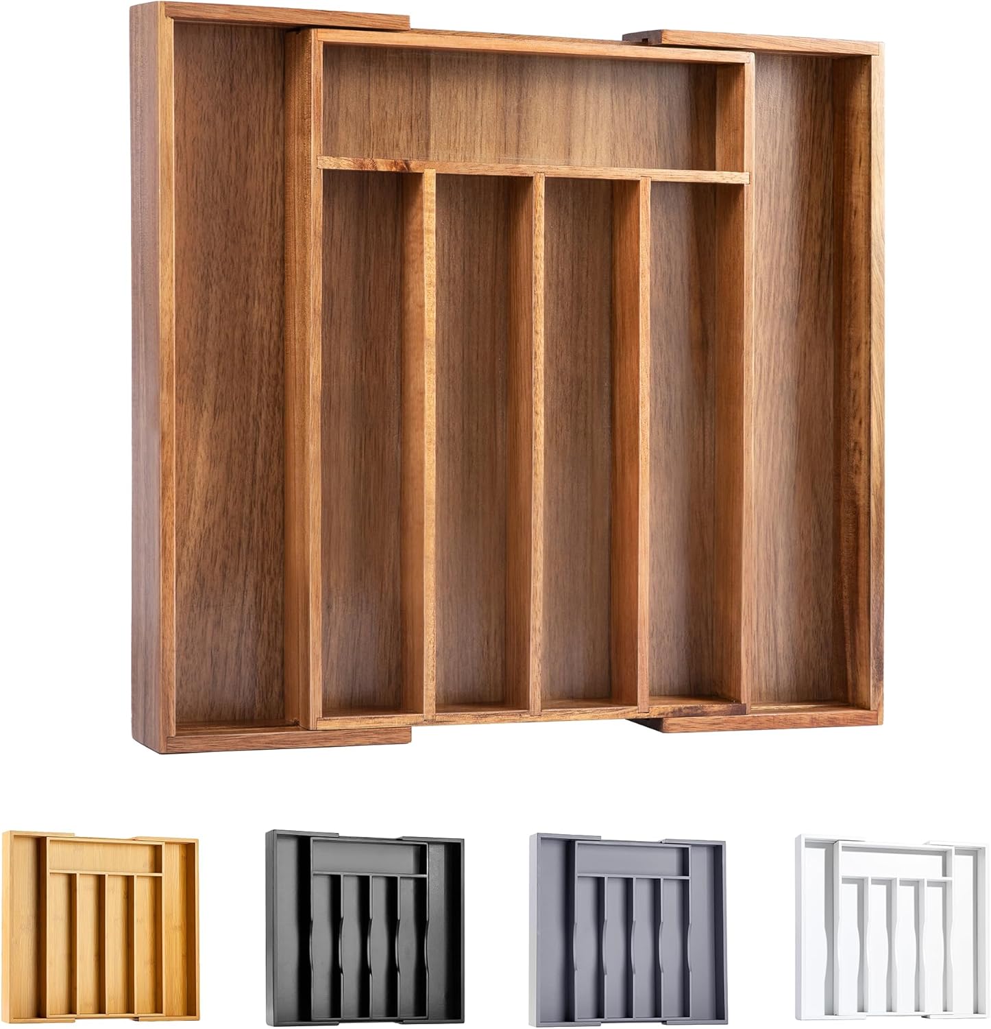 Bellsal Acacia Silverware Organizer Kitchen Drawer Organizer Expandable Bamboo Utensil Holder