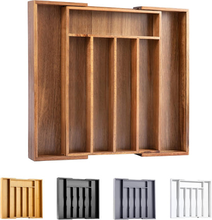 Bellsal Acacia Silverware Organizer Kitchen Drawer Organizer Expandable Bamboo Utensil Holder