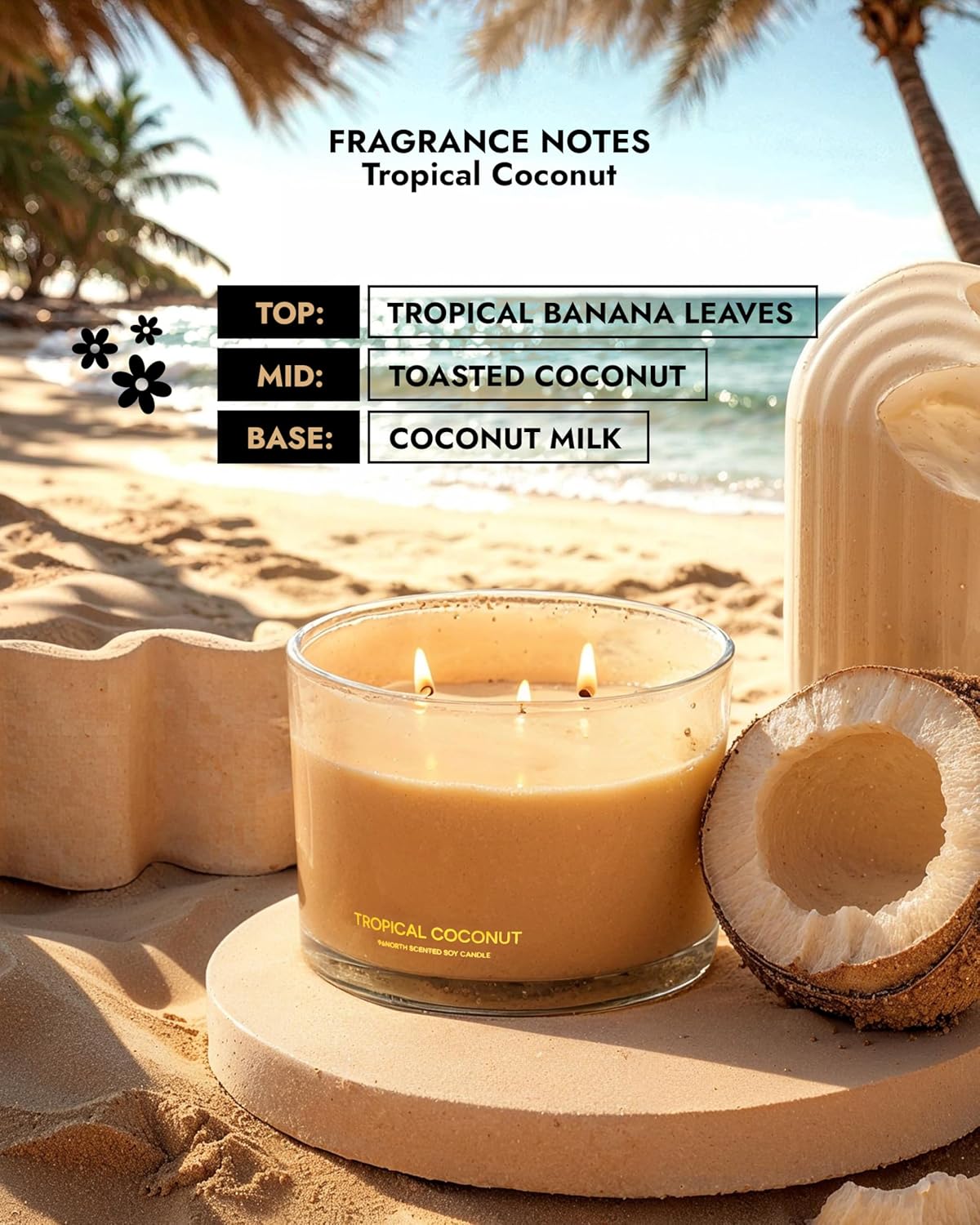 96NORTH Luxury Coconut Soy Candle | Large 3 Wick Jar Candle | Up to 50 Hours Burning Time |