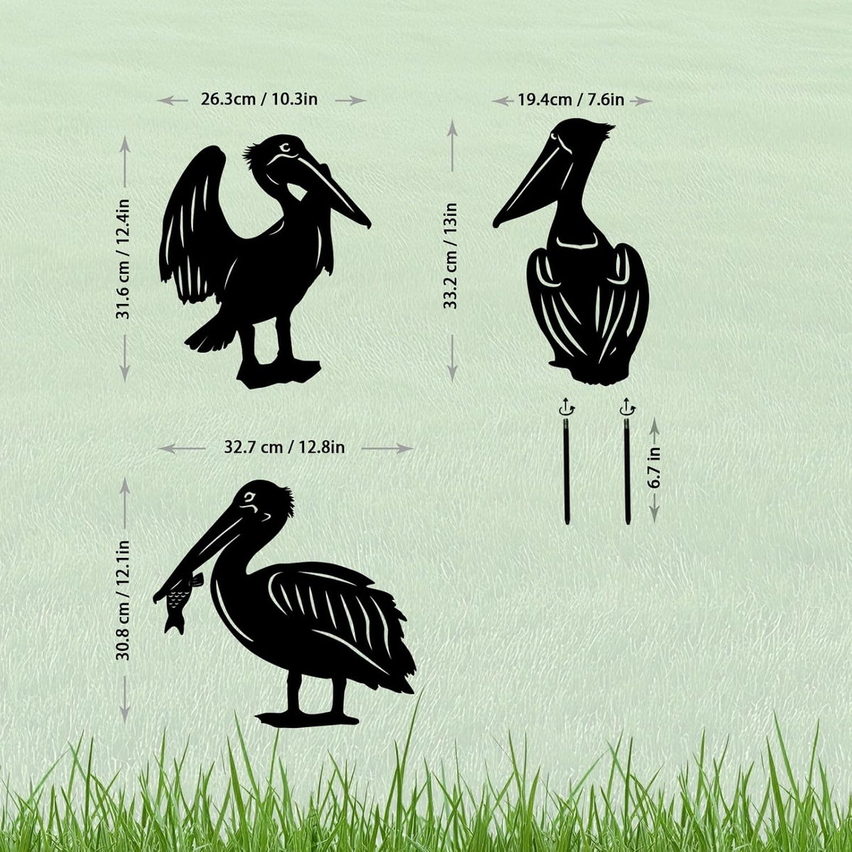 3 Pack Pelican Metal Garden Decorative Stakes, Weather Proof Silhouette Statues for Yard