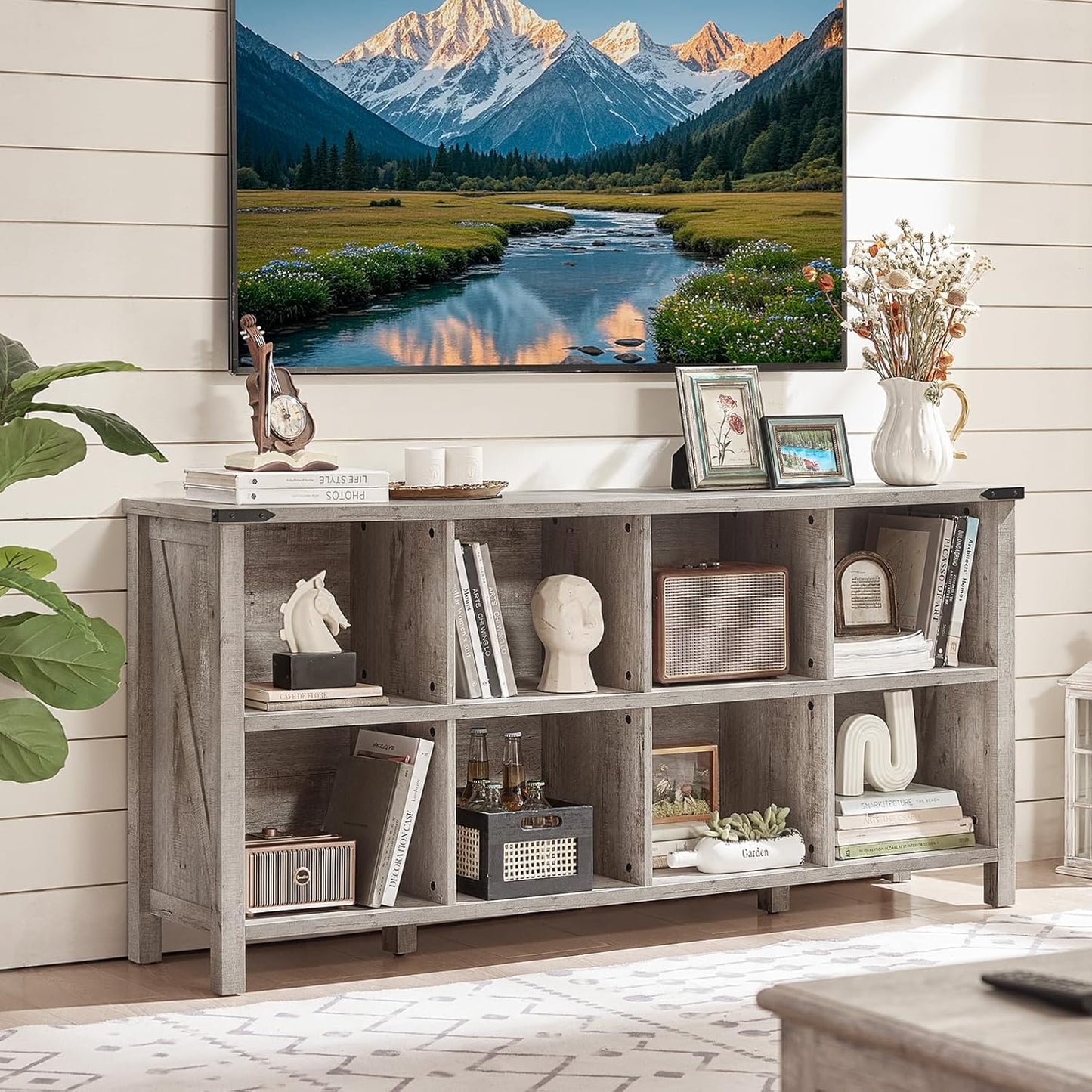 8 Cube Book Shelf, Farmhouse Wood Long Storage Organizer Bookcase, 62" Horizontal Grey Oak Console