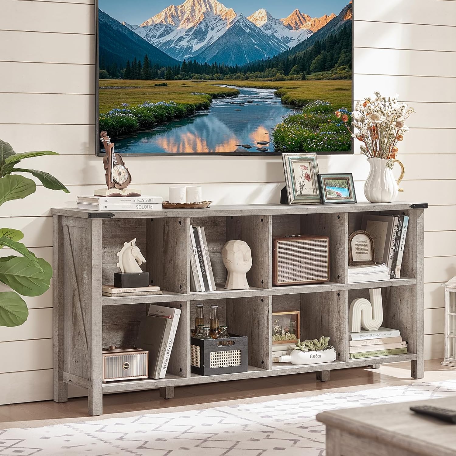8 Cube Book Shelf, Farmhouse Wood Long Storage Organizer Bookcase, 62" Horizontal Grey Oak Console