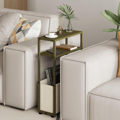 Narrow Side Table, Slim End Tables with Fabric Basket, Skinny Table for Small Spaces, Thin Bedside