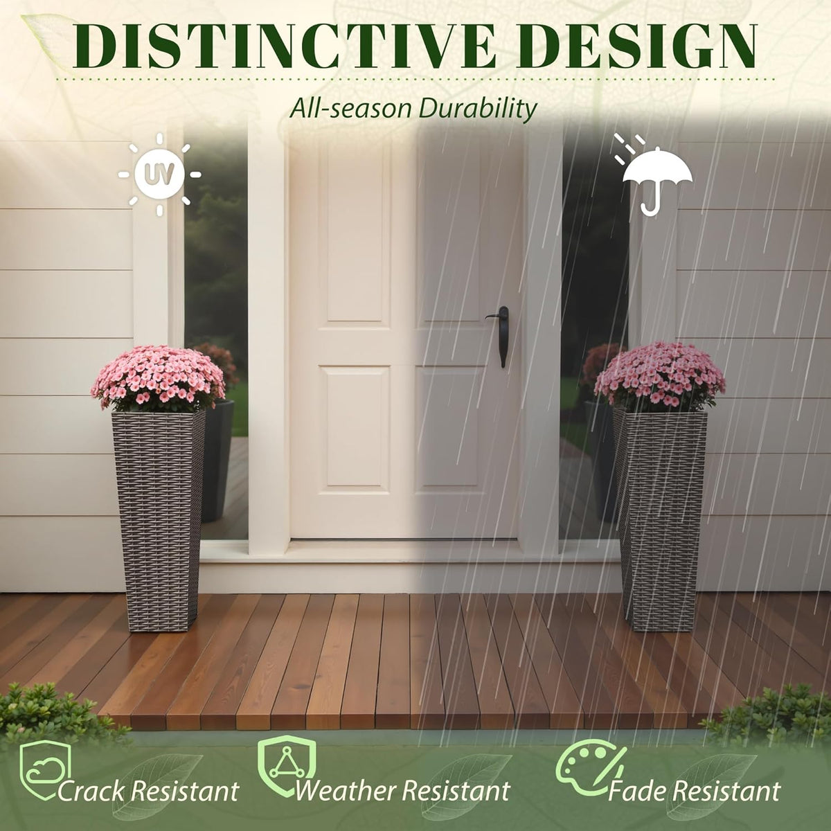 JUMMICO Set of 2 Resin Rattan Tall Planters for Outdoor Plants, Large Tapered Planters with