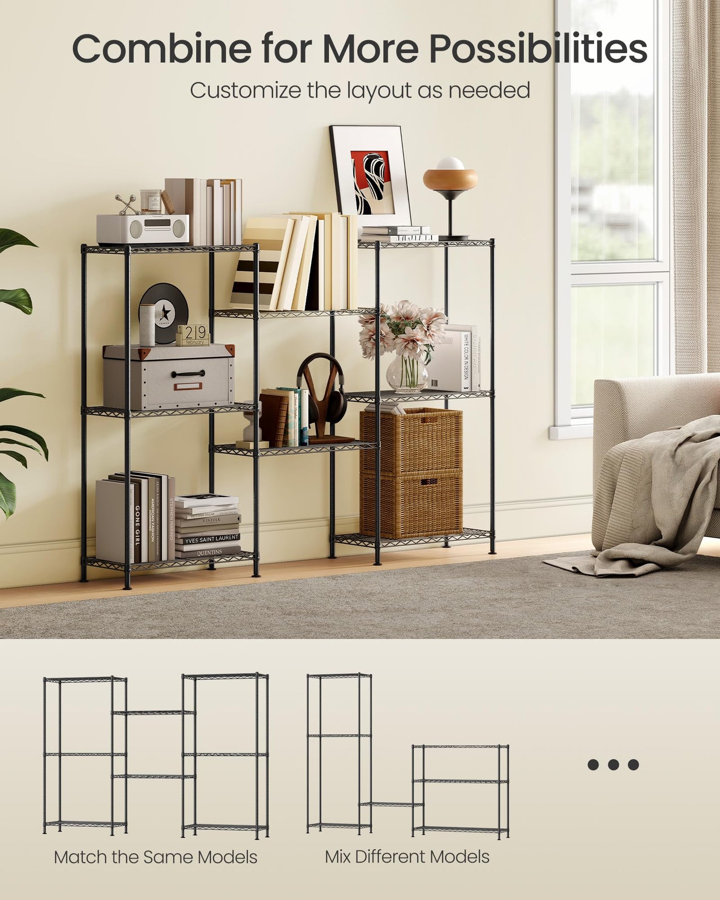 SONGMICS Storage Shelf, Metal Wire Shelving Unit, Adjustable Shelves, for Garage, Bedroom, Living