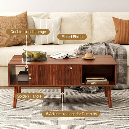 Coffee Table with Storage, Mid Century Dining Table with Sliding Fluted Door and Solid Wood Legs