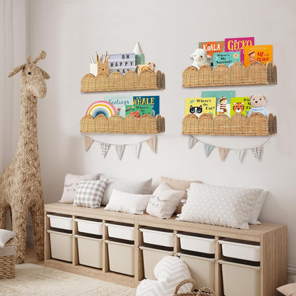 Nursery Book Shelves Set of 2 - Artisanal Natural Rattan Scalloped Book Shelf for Kids Rooms 15.8"