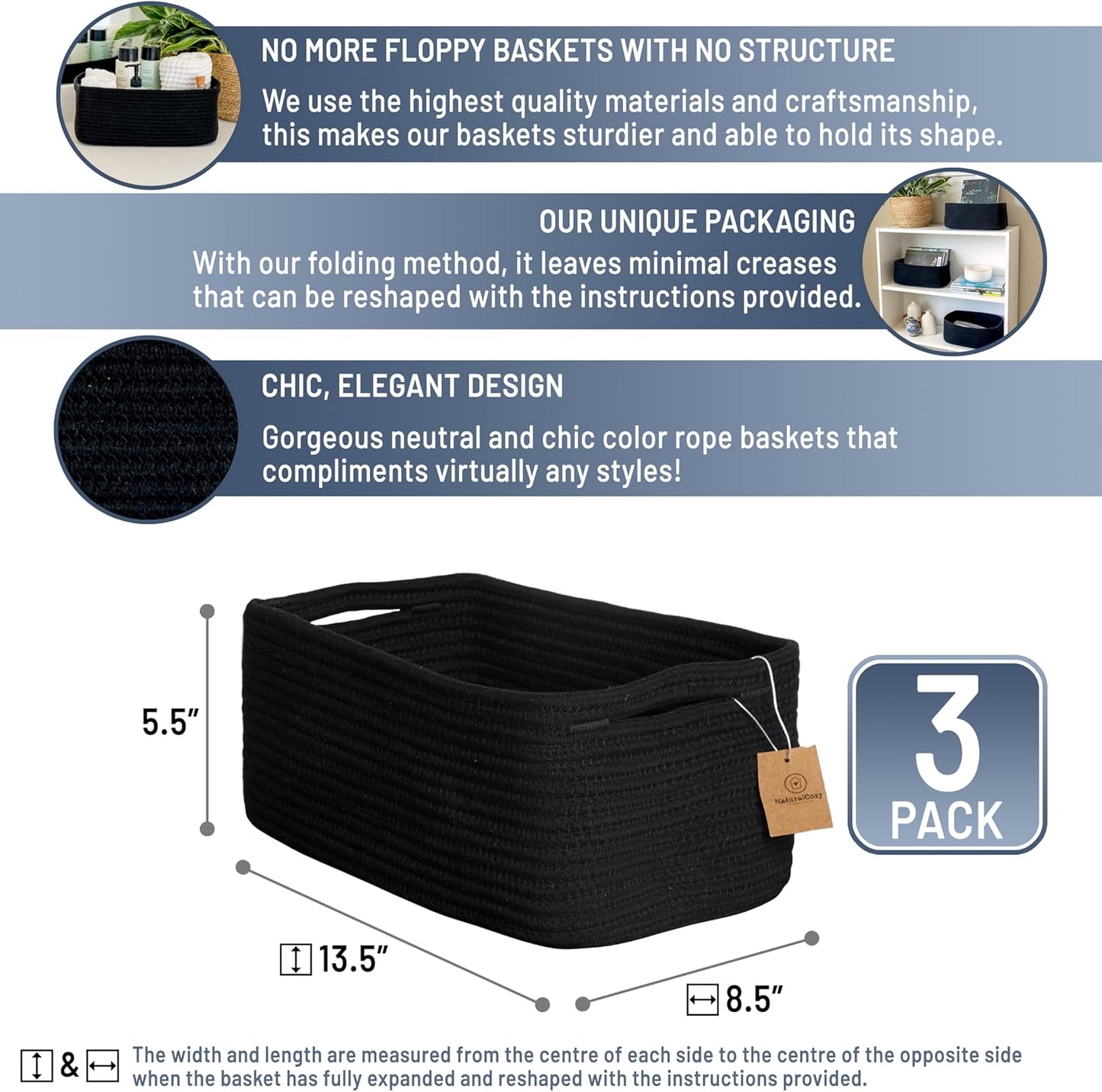 NaturalCozy 13.5”x8.5”x5.5” Rectangle Storage Baskets for Shelves 3 Pack | Cotton Rope Woven Small