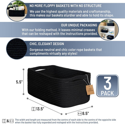 NaturalCozy 13.5”x8.5”x5.5” Rectangle Storage Baskets for Shelves 3 Pack | Cotton Rope Woven Small