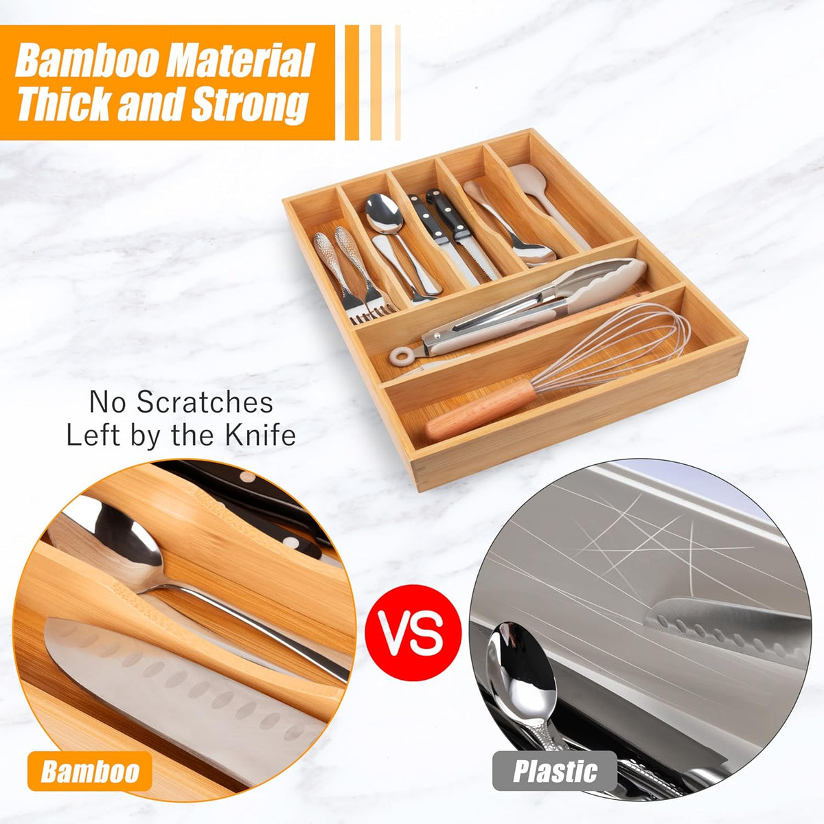 Bellsal Bamboo Silverware Drawer Organizer, Kitchen Utensil Drawer Organizers, 12"x15.7" Utensils