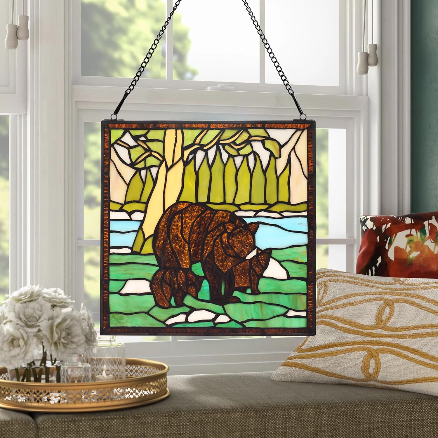 bwkoiujes Stained Glass Window Hanging 12" Square Tiffany Animal Style 3 Brown Bears Suncatcher