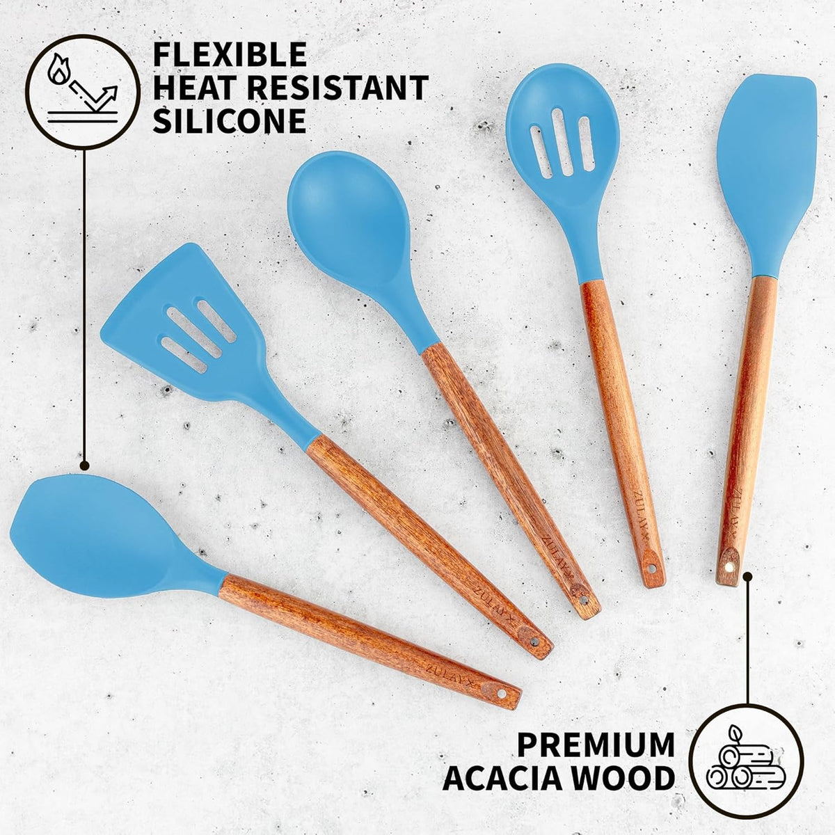 Zulay Kitchen Non-Stick Cooking Utensils Set with Authentic Acacia Wood Handles – 5-Piece Durable &