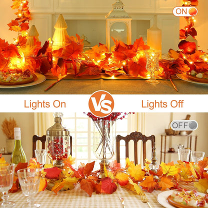 Joyhalo 2 Pack Fall Garland with Lights, Fall Leaves for Mantle, Outdoor Lighted Up Leaf Garland