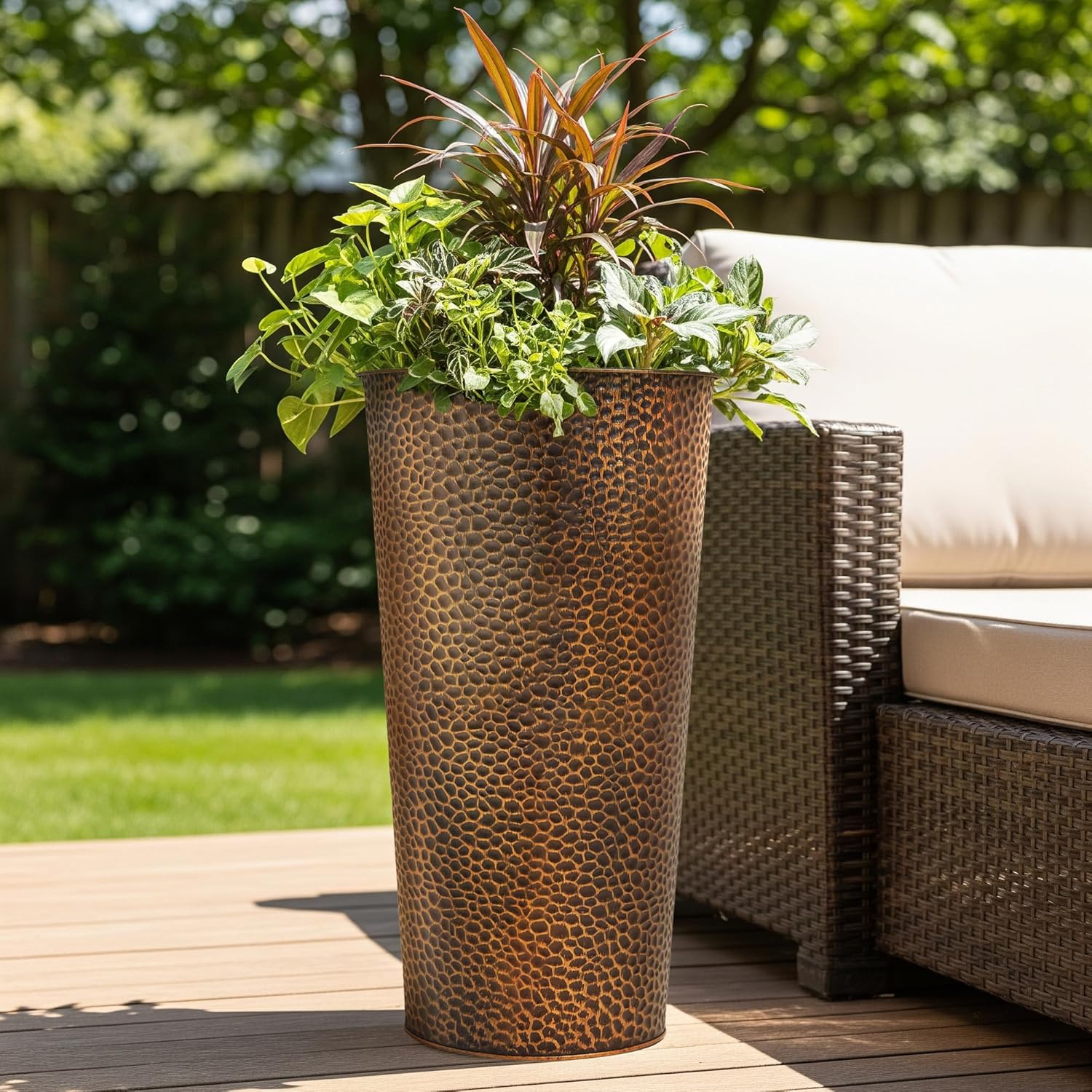Worth Garden 2-Pack 25" H. Metal Planter with 2X Inside Pots - Hand-Hammered Texture Tall Cone