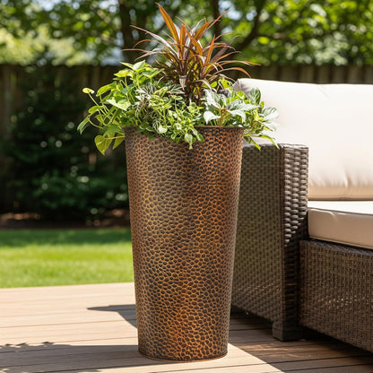 Worth Garden 2-Pack 25" H. Metal Planter with 2X Inside Pots - Hand-Hammered Texture Tall Cone
