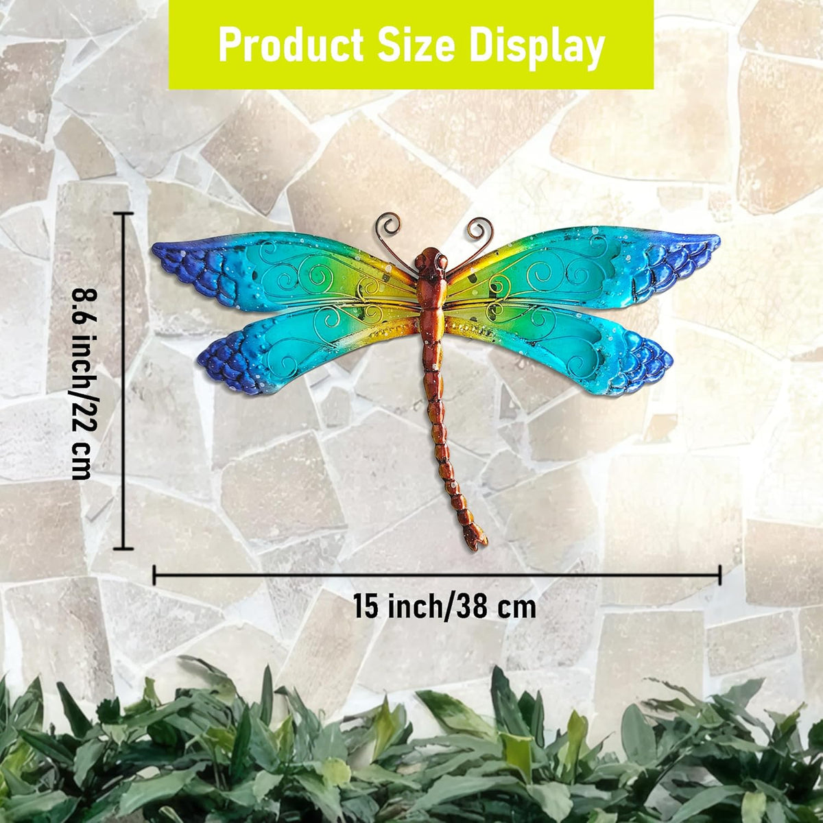 POXOHO Handmade Metal and Glass Dragonfly Wall Decor - Outdoor Garden Fence Art - 15 * 8.6 inches